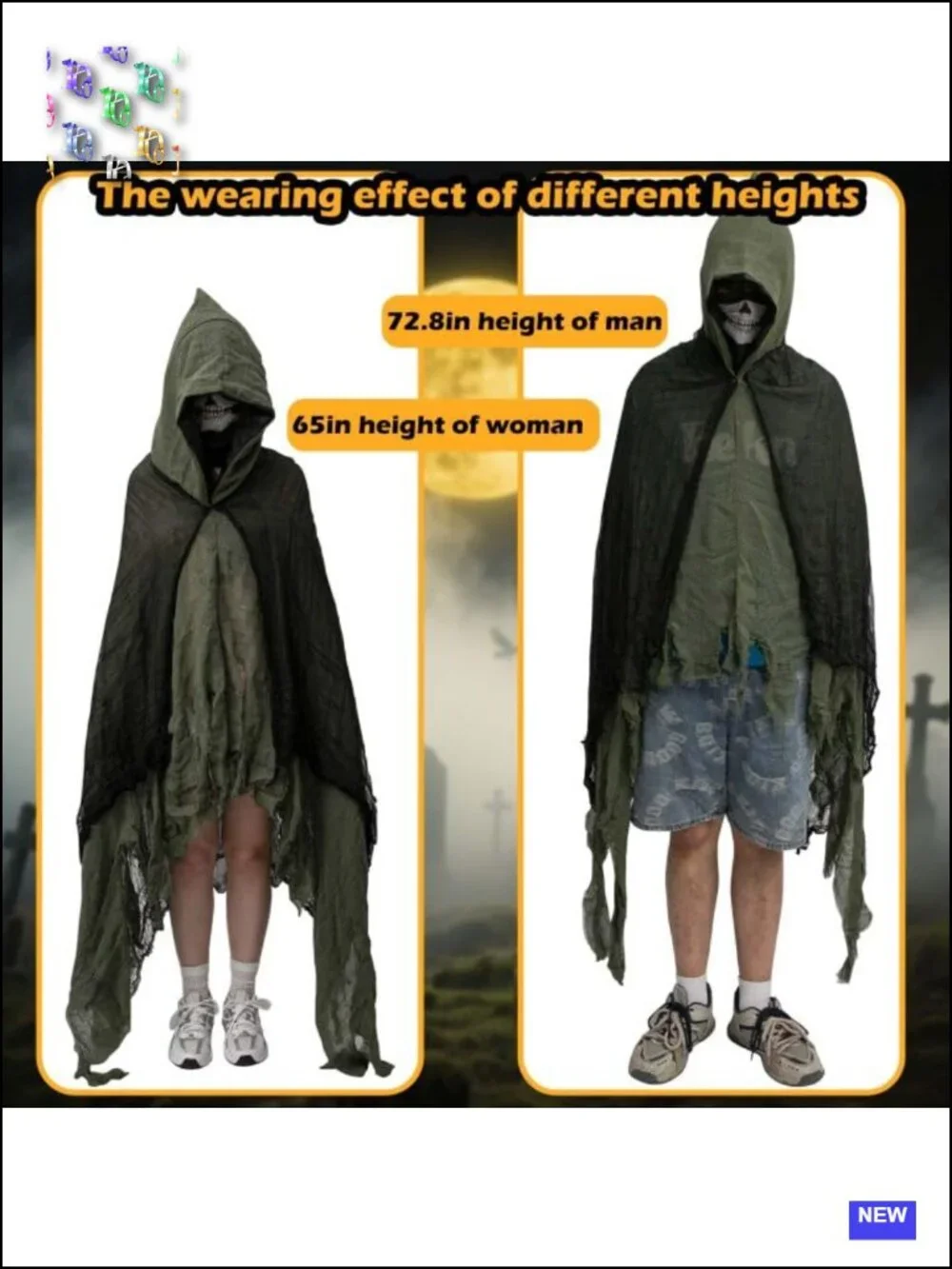 Halloween Hooded Mesh Cloak Costume Set with Gloves Mask Tattoos